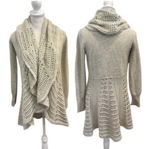 Y2K Cache Beige Crochet Open Shawl Collar Tunic Cardigan Boho Fairy Lagenlook S